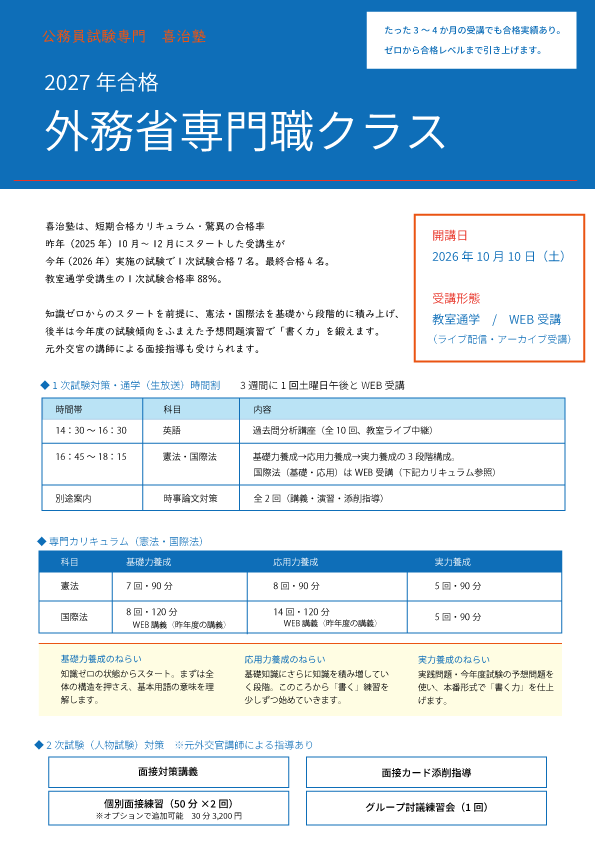 外務省専門職クラスのご案内 | 公務員試験専門 喜治塾ニュース